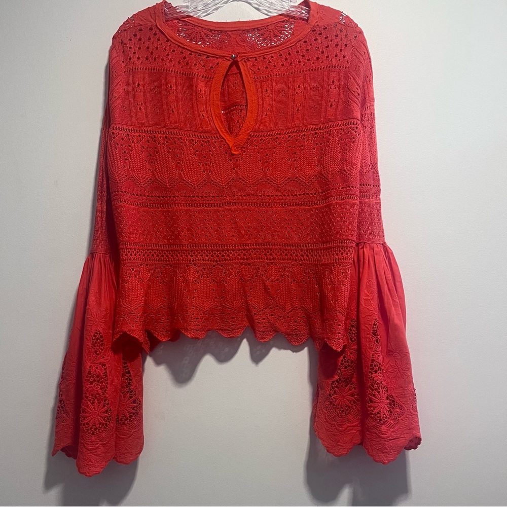 Free People Once Upon A Time Top – Red/Orange Lace Bell Sleeve Blouse - Picture 10 of 15